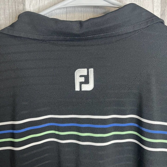 FootJoy FJ Golf Polo Shirt Adult XL Short Sleeve Chest Stripes Black Blue Mens - Picture 6 of 8
